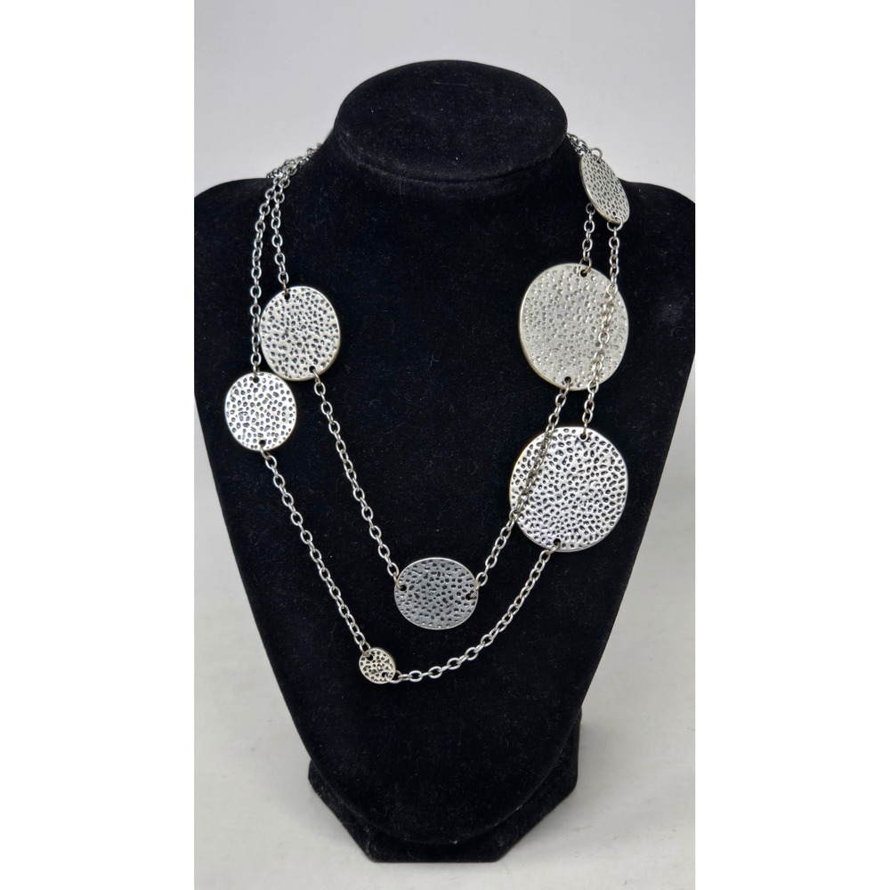 Robert Rose Silver Tone Hammered‎ Disc Layered Long Necklace Boho Statement